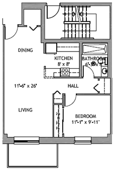 1 Bedroom Floor Plan, 585 square feet