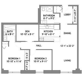 2 Bedroom + Den Floor Plan, 962 square feet